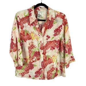 JM Collection Linen Floral 3/4 Sleeve Button Down Shirt Size 14 Petite Pink